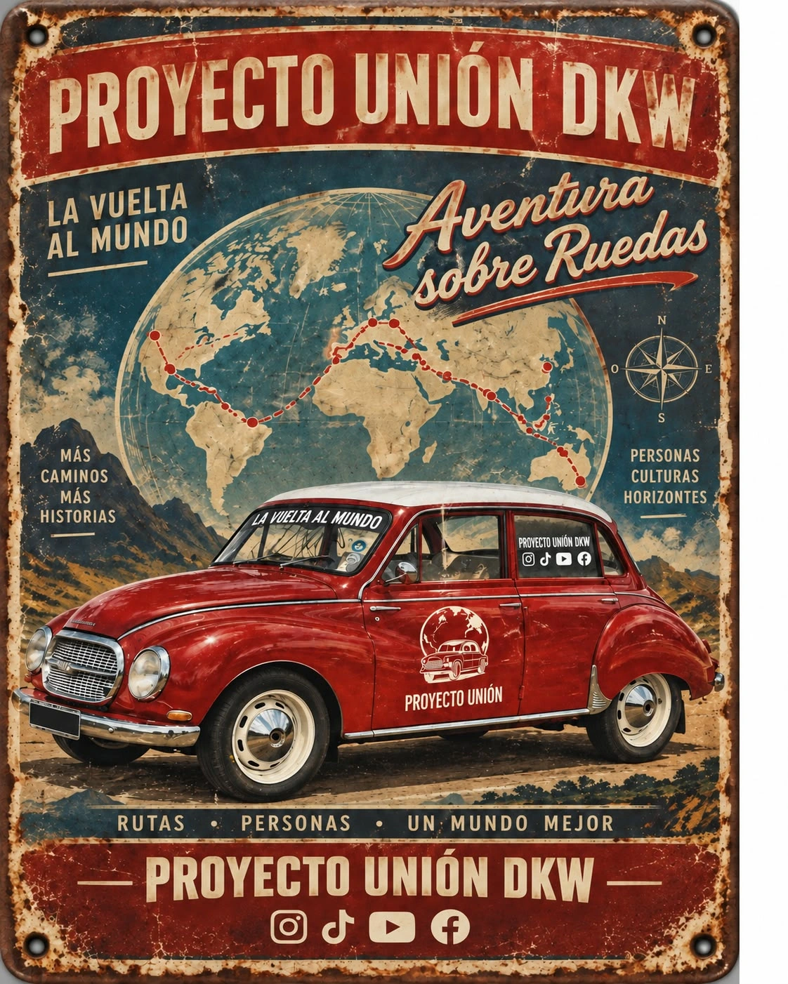 Chapa vintage Proyecto Unión DKW, diseño Aventura sobre ruedas