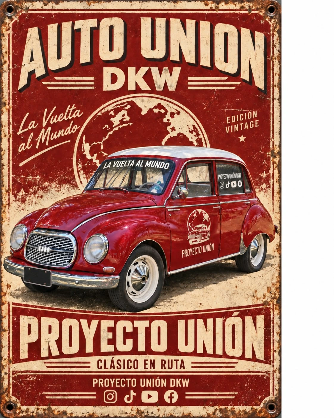 Chapa vintage Proyecto Unión DKW, diseño Clásico en ruta