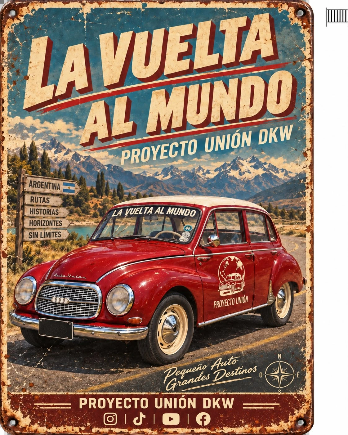 Chapa vintage Proyecto Unión DKW, diseño Pequeño auto, grandes destinos